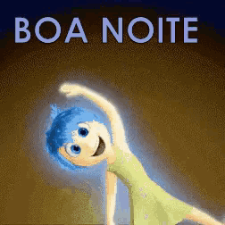 a cartoon character with blue hair and the words boa noite written above her