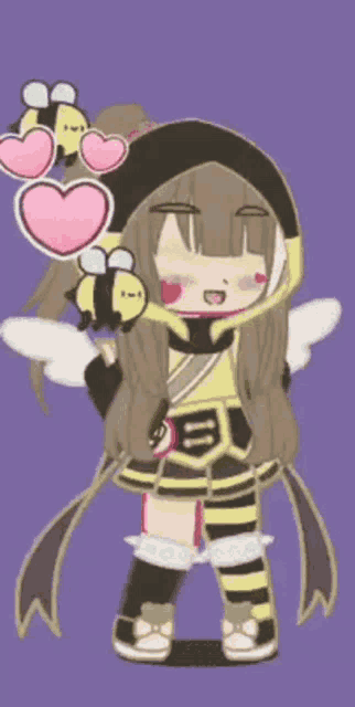 a girl in a bee costume with hearts on her head