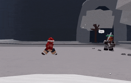 a screenshot of a video game shows a person wearing a santa hat and a sword