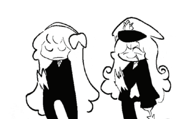 a black and white drawing of two cartoon characters standing next to each other on a white background .