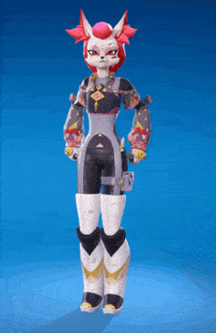 a cartoon character with red hair and white pants is standing in front of a blue background