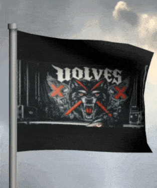 a flag that says wolves on it with a wolf on it