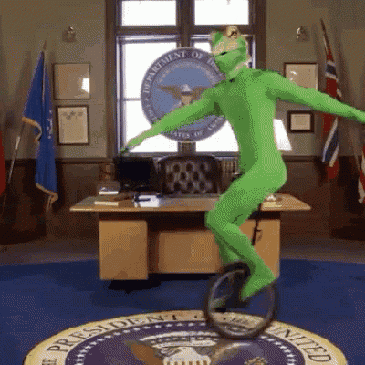 a person in a green suit is riding a bicycle in front of a seal that says president of the united states of america