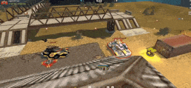 a screenshot of a video game with a bridge in the background and a few cars