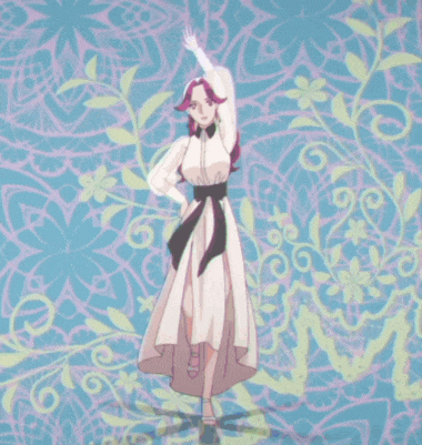 a woman in a white dress stands in front of a floral background