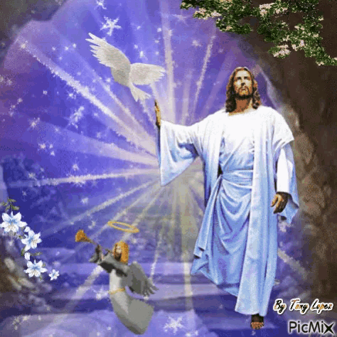 a picture of jesus with an angel and a dove by tony lopez