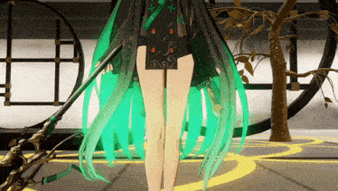 a woman with long green hair is standing in a room
