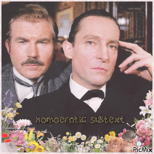 two men are standing next to each other with the words homoerotic subtext written on the bottom