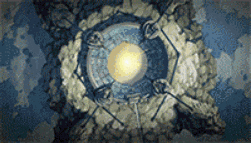 a painting of a circular object in the middle of a rocky area with a blue sky in the background .