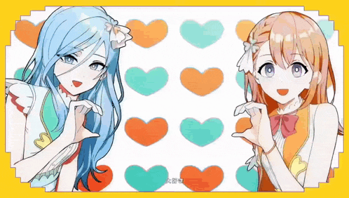 a couple of anime girls standing next to each other with hearts in the background