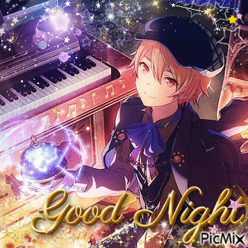 a picture of a girl in front of a piano and the words good night picmix