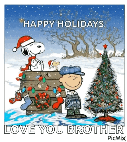 snoopy and charlie brown are standing next to a christmas tree on a christmas card .