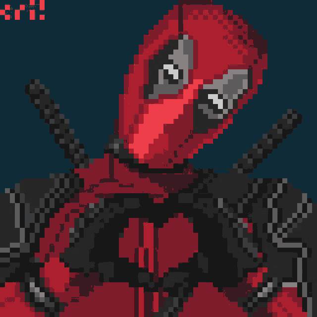 a pixel art illustration of deadpool holding a gun