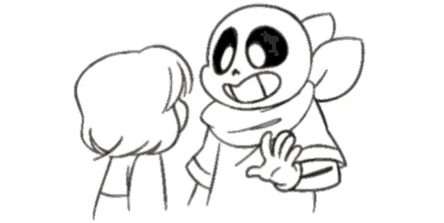 a black and white drawing of a cartoon character talking to a child .