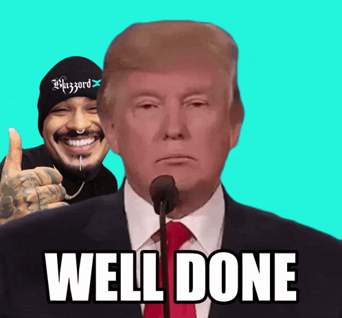 donald trump giving a thumbs up next to snoop dogg who is wearing a hat that says blizzard