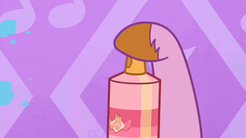 a cartoon pony is holding a bottle of lotion in her hand