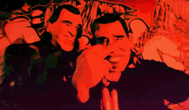 a painting of two men pointing at the camera with a red background