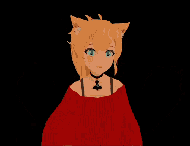 a girl with cat ears is wearing a red sweater and a hammer necklace