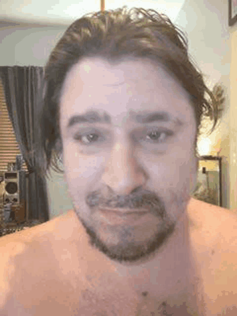 a shirtless man with a beard is looking at the camera .