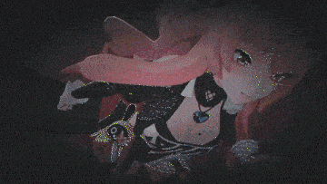 a girl with pink hair is standing in front of a computer