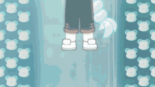 a person 's feet are shown in front of a bear pattern
