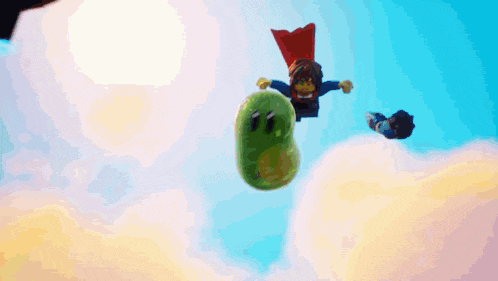 a cartoon character is flying through the air with a green object in the background