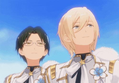 two anime characters are standing next to each other