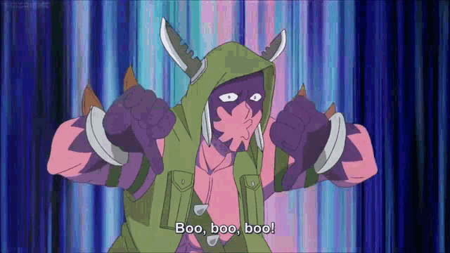 a cartoon character says boo boo boo on a colorful background