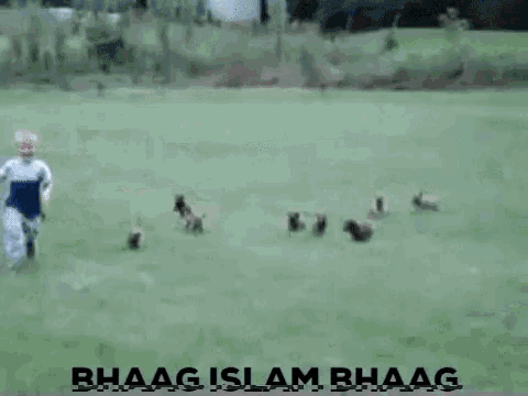 a boy is running with a bunch of puppies in a field with the words " bhaag islam bhaag " in the corner