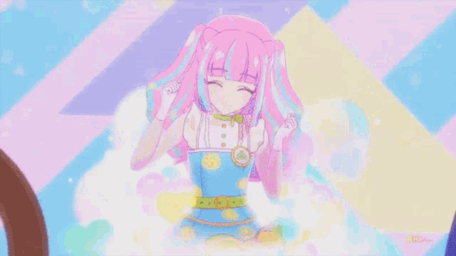a girl with pink hair and a blue dress is surrounded by hearts