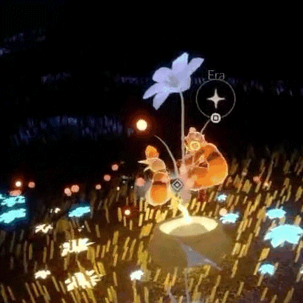 a cartoon character is holding a flower in a field of flowers in a video game .