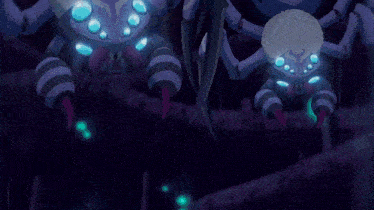 a cartoon spider with glowing eyes and a purple background