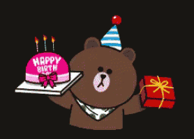 a brown bear holding a birthday cake and a gift box