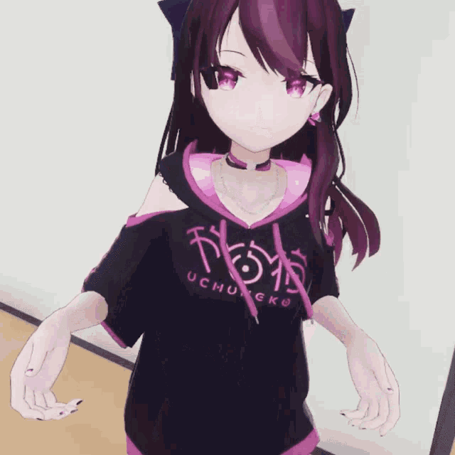 a girl with purple hair is wearing a hoodie that says " uchino " on it