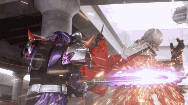 a purple robot is fighting a red robot with a sword