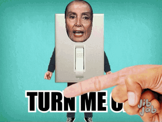 a hand pointing at a light switch with a woman 's face on it and the words turn me on