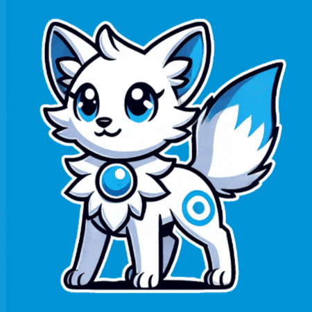 a cartoon drawing of a white fox with a blue tail