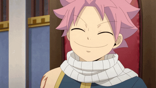 a cartoon character with pink hair is smiling