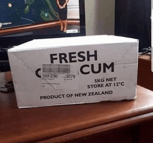 a box that says fresh cum is on a table