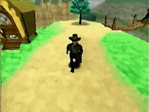 a cartoon of a man in a cowboy hat walking down a dirt road .