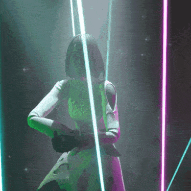 a woman in a green and white dress is standing in front of neon lights