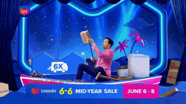 a man in a pink shirt is sitting in a boat with a lazada logo in the background