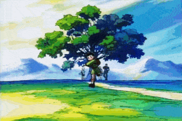 a cartoon of a boy standing under a tree