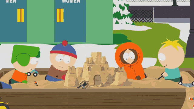 a group of cartoon characters are playing in a sandbox in front of a sign that says men and women