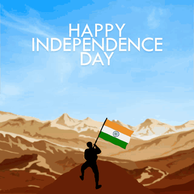 a man holding an indian flag on top of a mountain with the words happy independence day below him