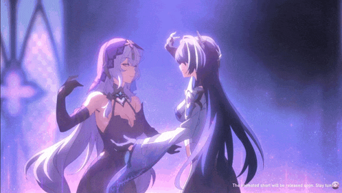 a screenshot of a video game shows two girls dancing and the words " this adultified short will be released soon "