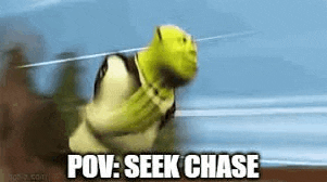 shrek from shrek is running through a field with the words `` pov : seek chase '' .