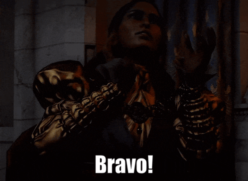a woman in a gold costume says bravo