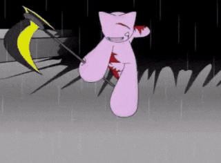 a pink cat is holding a yellow and black scythe