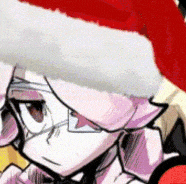 a close up of a cartoon character wearing a santa hat and glasses .